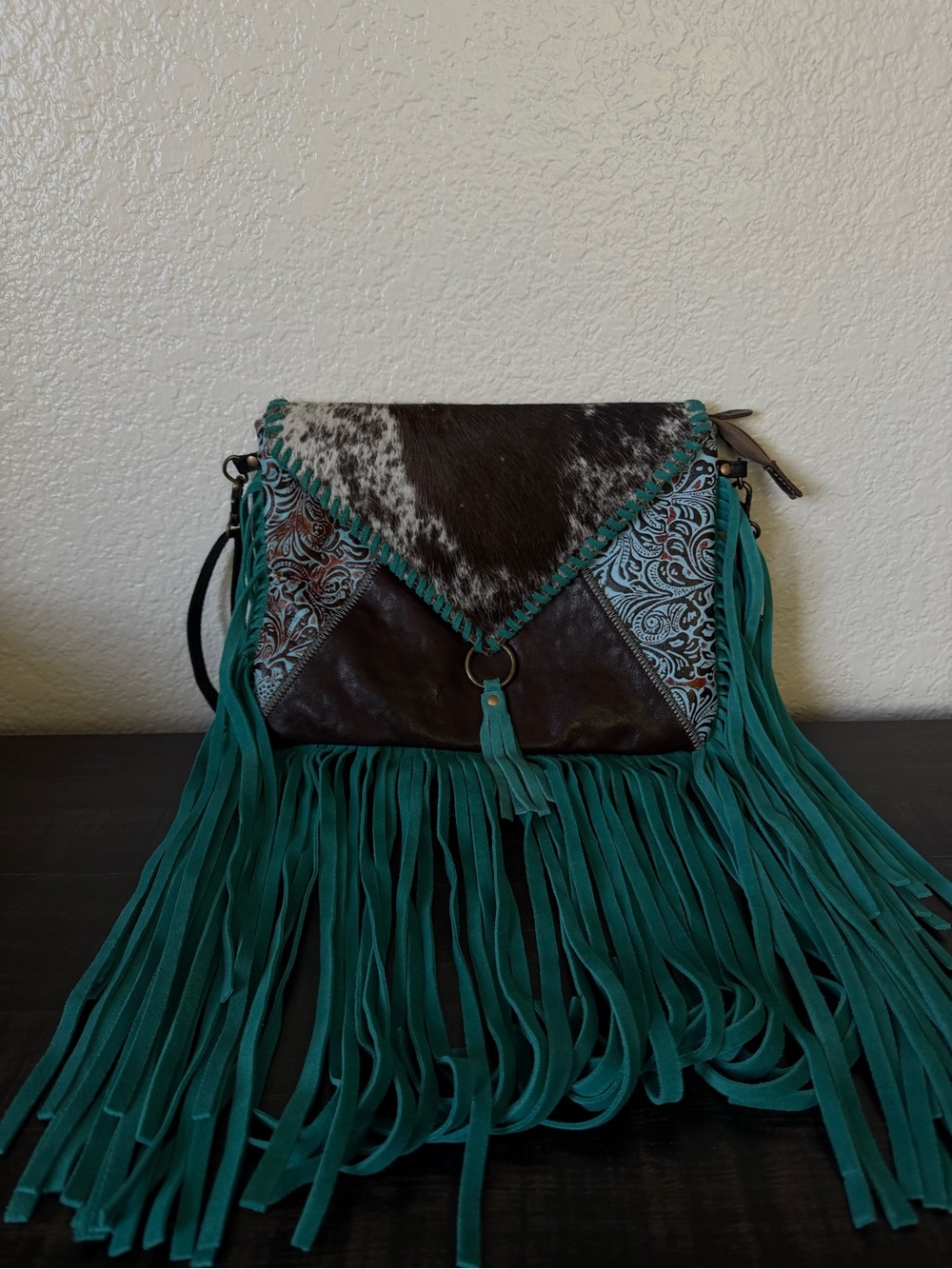 Teal Fringe Cowhide Crossbody Bag - Western-Inspired Women’s Purse